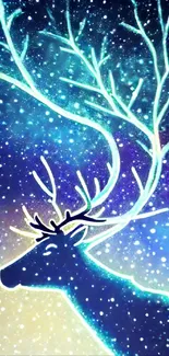 Mystical deer with glowing antlers against a vibrant starry night sky.