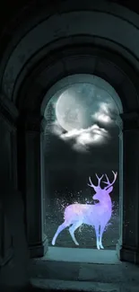 Mystical glowing deer under a moonlit sky in an ancient archway.