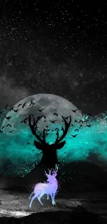 Mystical night sky with silhouetted deer and teal mist.