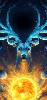 Mystical deer with blue antlers in a cosmic theme wallpaper.