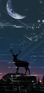 Silhouette of a deer under a digital moonlit sky with tech elements.