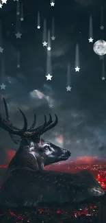 Majestic deer gazing at moonlit cityscape under a tranquil night sky.