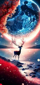 Majestic deer under a glowing moon with a serene lake at night.