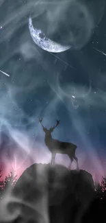 Mystical deer silhouetted against a starry sky with a crescent moon.