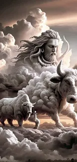 Mystical deity and bulls in ethereal clouds art wallpaper.