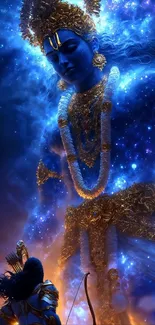 A cosmic deity glowing in deep blue, surrounded by stars.