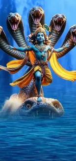 Mystical deity standing on serpent in vivid water