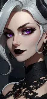 Anime demon portrait with purple eyes and black horns.