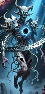 Mystical demon with horns and runes surrounded by vibrant colors.