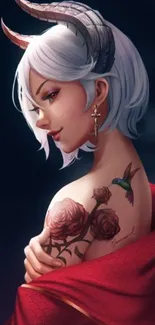 Fantasy demon girl with white hair and tattoos on a mobile wallpaper.