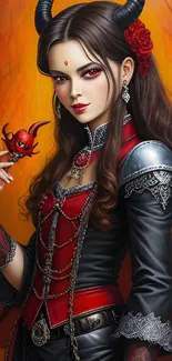 Mystical demon lady in red and black attire with gothic elements.