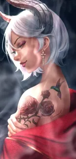 Mystical demon lady with tattoos in red.