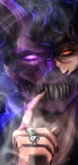 Mystical demon mask with glowing eyes and purple flames wallpaper.