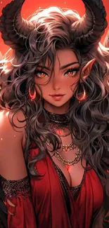 Fantasy demoness with horns and fiery eyes in red and black art wallpaper.