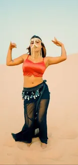 Dancer in vibrant attire performing in the desert.