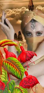 Mystical scene with veiled woman, red flowers, and desert backdrop.