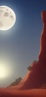 Desert landscape with moonlit sky and red rocks.