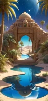 Mystical desert oasis with temple and reflecting water under a night sky.