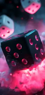 Floating mystic dice in pink clouds
