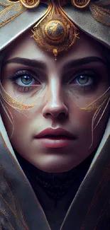 A mystical digital art portrait with golden details and a captivating gaze.