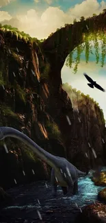 Dinosaur in a lush canyon with a bird flying in the sky.