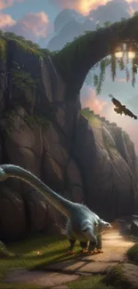 Fantasy dinosaur scene with mystical landscape.