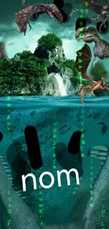 Mystical island with dinosaurs and dragons over turquoise water.