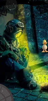 Dark, whimsical wallpaper featuring a diver and duck family in an urban scene.