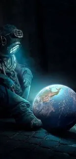 Diver gazing at glowing Earth globe in dark blue scene.