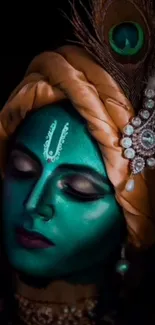 Serene divine face with intricate designs and peacock feather in teal hues.