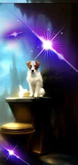 Mystical dog in a fantasy realm with purple light bursts.