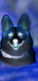 Mystical dog in a foggy blue-hued digital wallpaper.