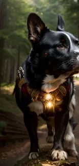 A mystical dog in armor glowing in a lush forest path.