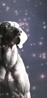 A mystical dog with stars in a dark background wallpaper for mobile.