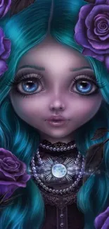 Fantasy doll with teal hair and purple roses surrounding her.