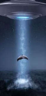 Dolphin under a UFO on a dark ocean background at night.