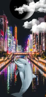 Colorful cityscape at night with a dolphin and moon.