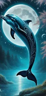 Fantasy dolphin leaps in moonlit lake.