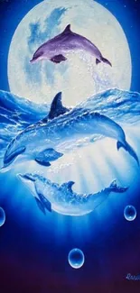 Mystical dolphins swimming under a full moon in a beautiful ocean scene.