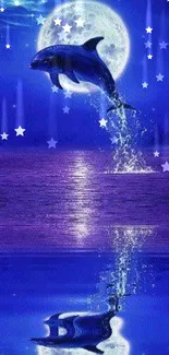 Dolphin leaping under a full moon in a mystical blue night scene.