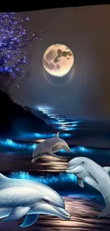 Dolphins swim under a glowing moonlit sky in a fantasy ocean scene.