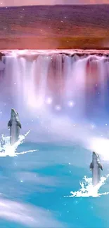 Dolphins leaping by a cascading waterfall under a starry sky.