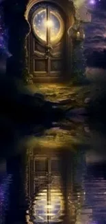 Mystical door with reflection in water under a star-filled night sky.