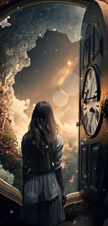 Fantasy art wallpaper with a girl and a mystical clock doorway.