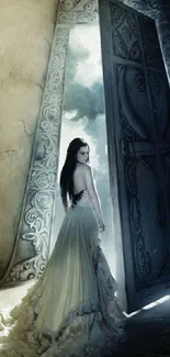 A woman in a gown stands by an ornate doorway under a mystical, dark blue sky.