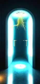 A glowing mystical doorway with lightning effect, perfect for a mobile wallpaper.