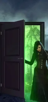 A mystical woman stepping through a glowing green doorway into a forest.