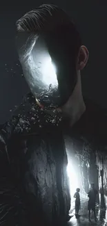 Surreal double exposure art with faceless figure merging into a tunnel.