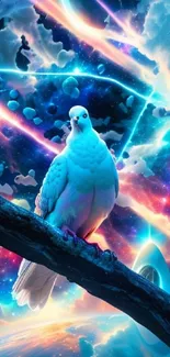 Mystical dove perched amidst a vibrant cosmic scene.