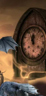 Fantasy wallpaper with dragons and a mystical clock.